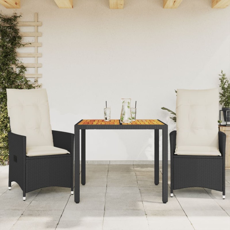 3-tlg. Bistro-Set mit Kissen Schwarz Poly Rattan und Akazie