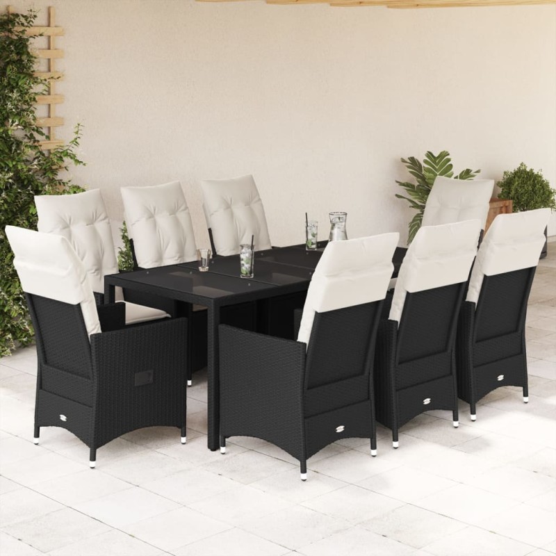 9-tlg. Garten-Essgruppe mit Kissen Schwarz Poly Rattan