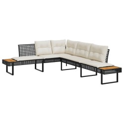 Gartensofa in L-Form mit Kissen Schwarz Poly Rattan und Akazie