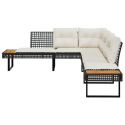 Gartensofa in L-Form mit Kissen Schwarz Poly Rattan und Akazie