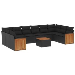 11-tlg. Garten-Sofagarnitur mit Kissen Schwarz Poly Rattan