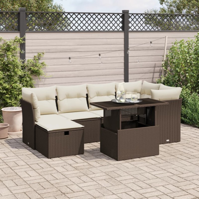 7-tlg. Garten-Sofagarnitur mit Kissen Braun Poly Rattan