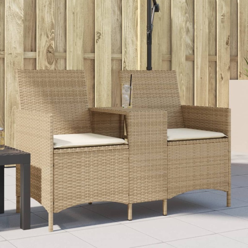 Gartensofa 2-Sitzer mit Tisch und Kissen Beige Poly Rattan