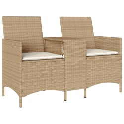 Gartensofa 2-Sitzer mit Tisch und Kissen Beige Poly Rattan