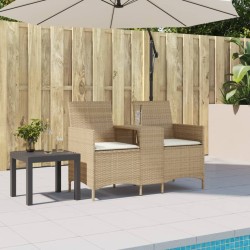 Gartensofa 2-Sitzer mit Tisch und Kissen Beige Poly Rattan