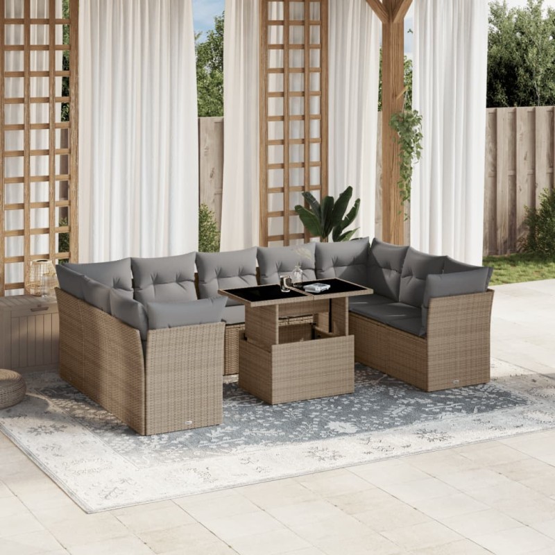 10-tlg. Garten-Sofagarnitur mit Kissen Beige Poly Rattan