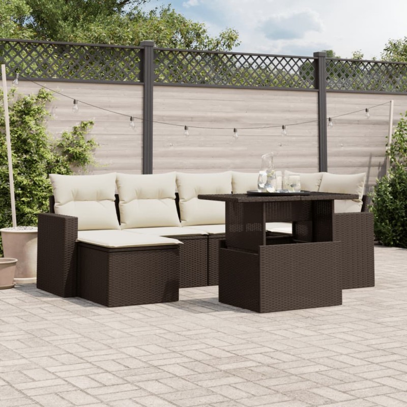 7-tlg. Garten-Sofagarnitur mit Kissen Braun Poly Rattan