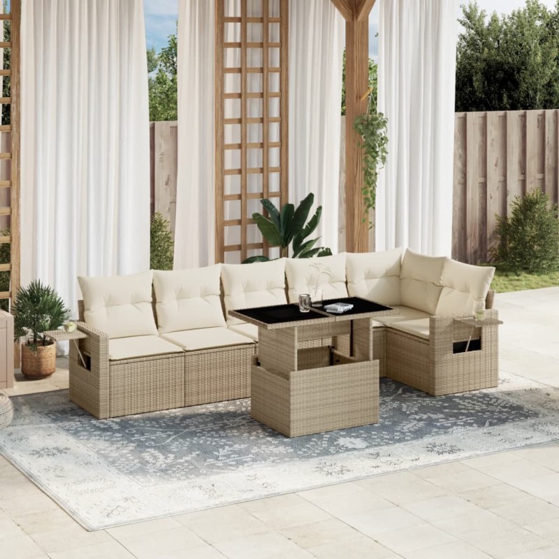 7-tlg. Garten-Sofagarnitur mit Kissen Beige Poly Rattan