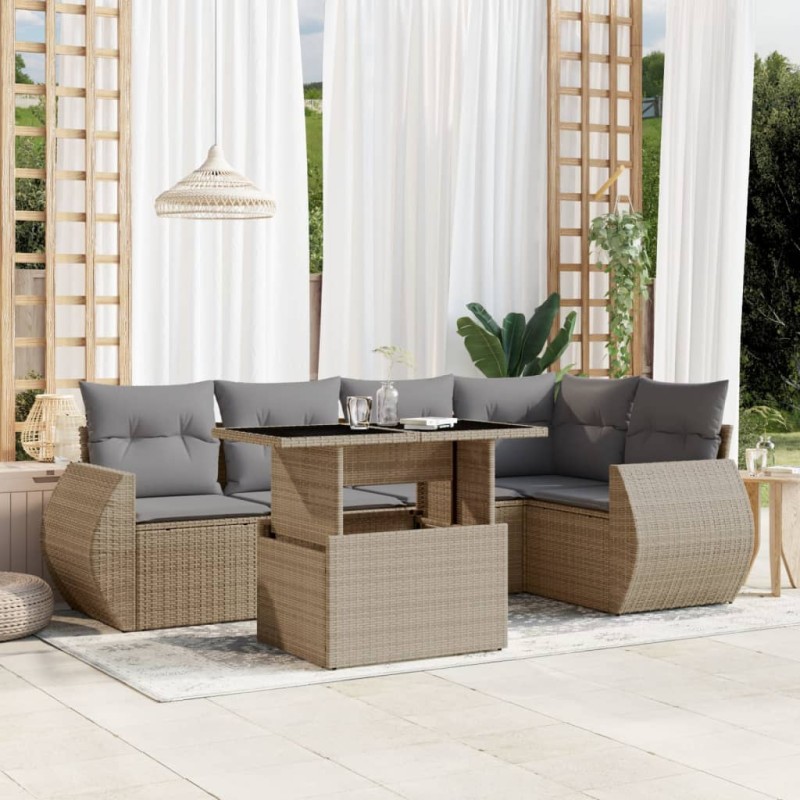 6-tlg. Garten-Sofagarnitur mit Kissen Beige Poly Rattan