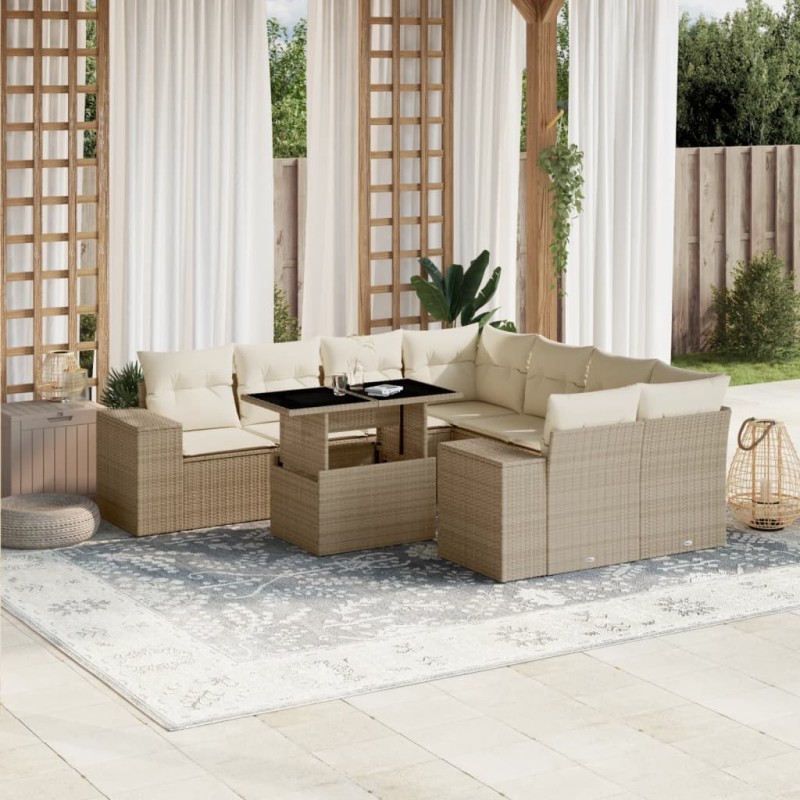 9-tlg. Garten-Sofagarnitur mit Kissen Beige Poly Rattan