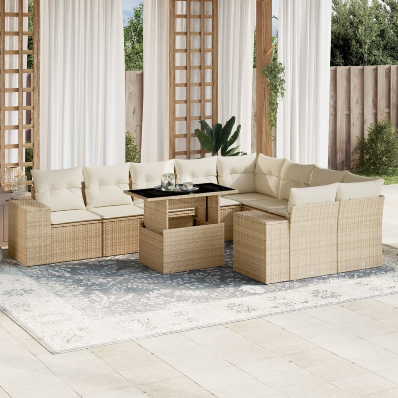 10-tlg. Garten-Sofagarnitur mit Kissen Beige Poly Rattan