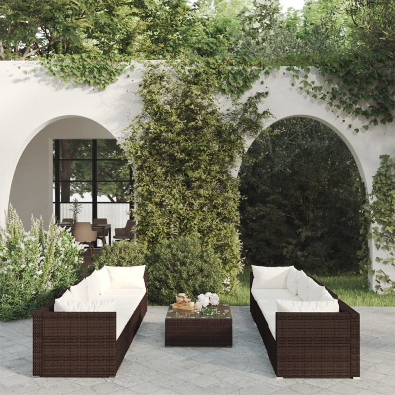 9-tlg. Garten-Lounge-Set mit Kissen Poly Rattan Braun