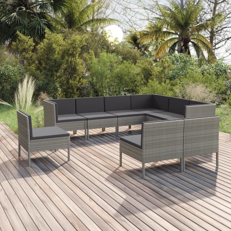 9-tlg. Garten-Lounge-Set mit Auflagen Poly Rattan Grau