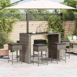 7-tlg. Gartenbar-Set mit Kissen Grau Poly Rattan