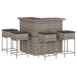 5-tlg. Gartenbar-Set mit Kissen Grau Poly Rattan