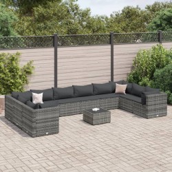 11-tlg. Garten-Lounge-Set mit Kissen Grau Poly Rattan