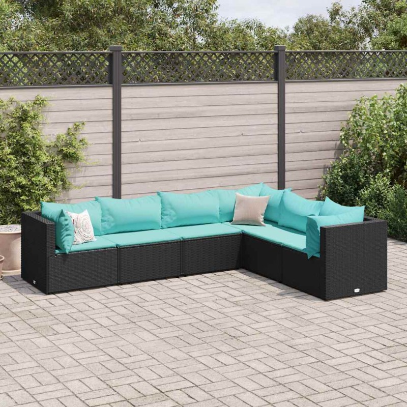 6-tlg. Garten-Lounge-Set mit Kissen Schwarz Poly Rattan