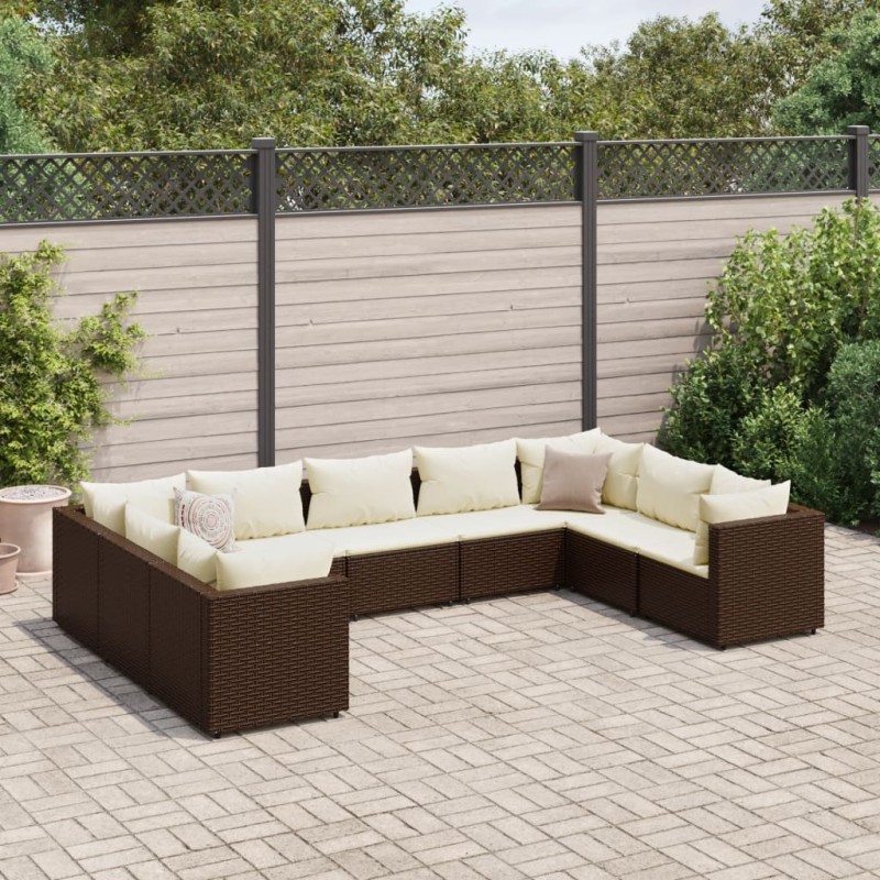 9-tlg. Garten-Lounge-Set mit Kissen Braun Poly Rattan