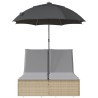 Doppel-Sonnenliege mit Kissen & Sonnenschirm Beige Poly Rattan