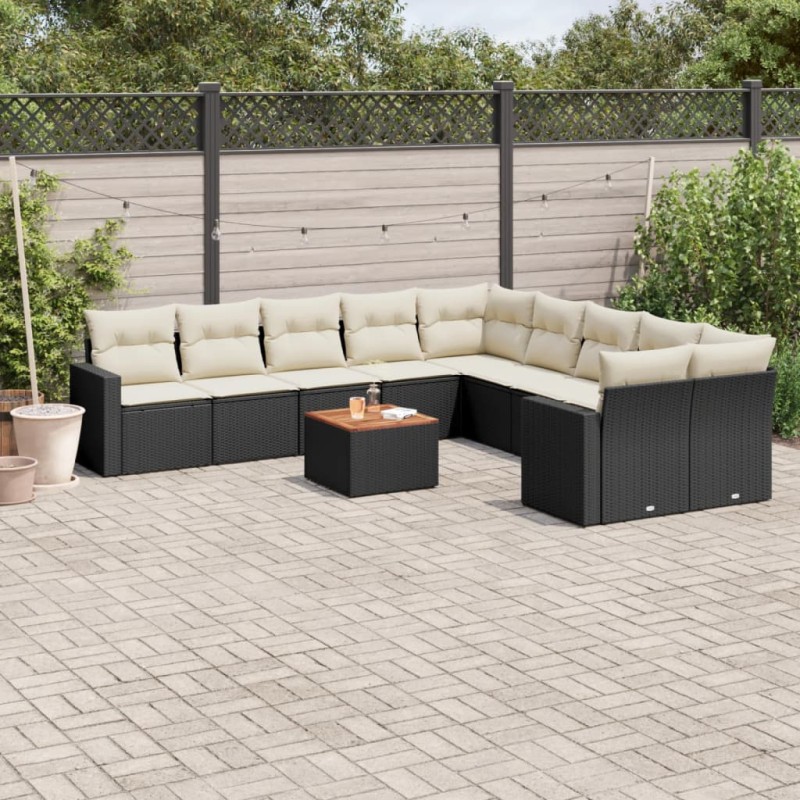 11-tlg. Garten-Sofagarnitur mit Kissen Schwarz Poly Rattan