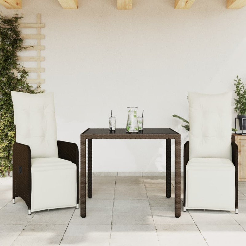 3-tlg. Garten-Bistro-Set mit Kissen Braun Poly Rattan