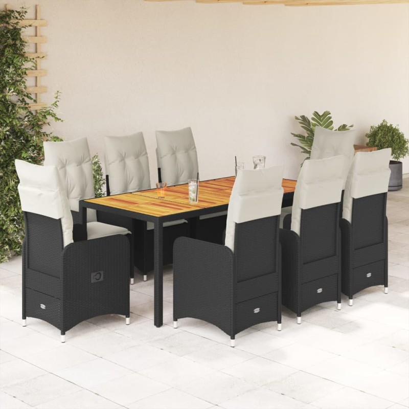 9-tlg. Garten-Bistro-Set mit Kissen Schwarz Poly Rattan