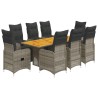 9-tlg. Garten-Bistro-Set mit Kissen Grau Poly Rattan