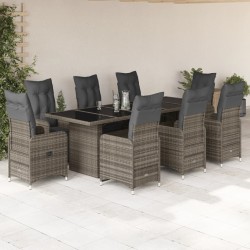 9-tlg. Garten-Bistro-Set mit Kissen Grau Poly Rattan