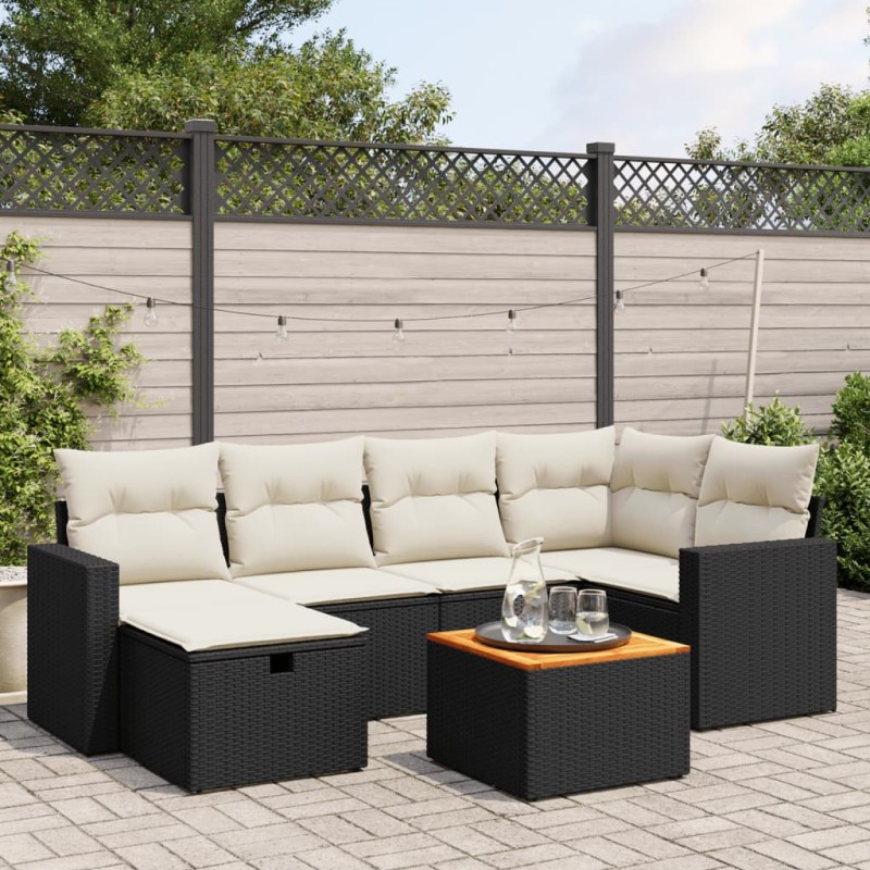 7-tlg. Garten-Sofagarnitur mit Kissen Schwarz Poly Rattan