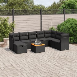 9-tlg. Garten-Sofagarnitur mit Kissen Schwarz Poly Rattan