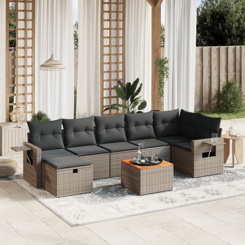 8-tlg. Garten-Sofagarnitur mit Kissen Grau Poly Rattan