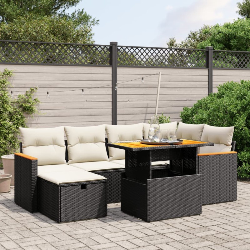 7-tlg. Garten-Sofagarnitur mit Kissen Schwarz Poly Rattan