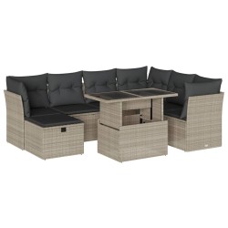 8-tlg. Garten-Sofagarnitur mit Kissen Hellgrau Poly Rattan