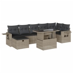 8-tlg. Garten-Sofagarnitur mit Kissen Hellgrau Poly Rattan