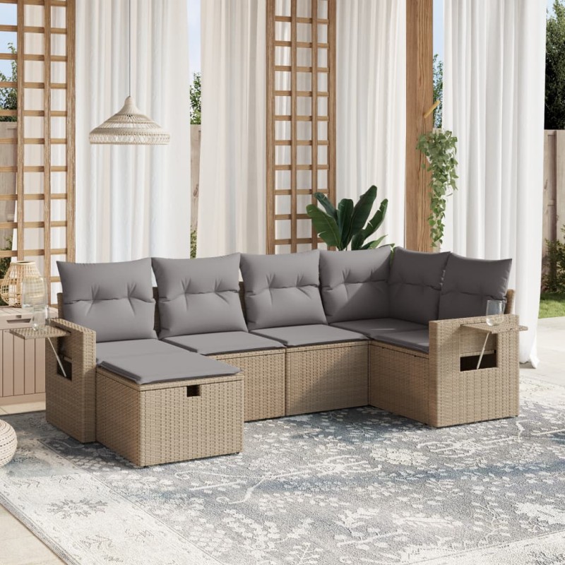 6-tlg. Garten-Sofagarnitur mit Kissen Beige Poly Rattan