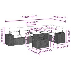 7-tlg. Garten-Sofagarnitur mit Kissen Hellgrau Poly Rattan