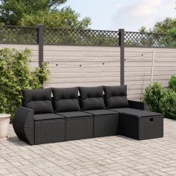 5-tlg. Garten-Sofagarnitur mit Kissen Schwarz Poly Rattan