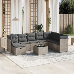 9-tlg. Garten-Sofagarnitur mit Kissen Grau Poly Rattan