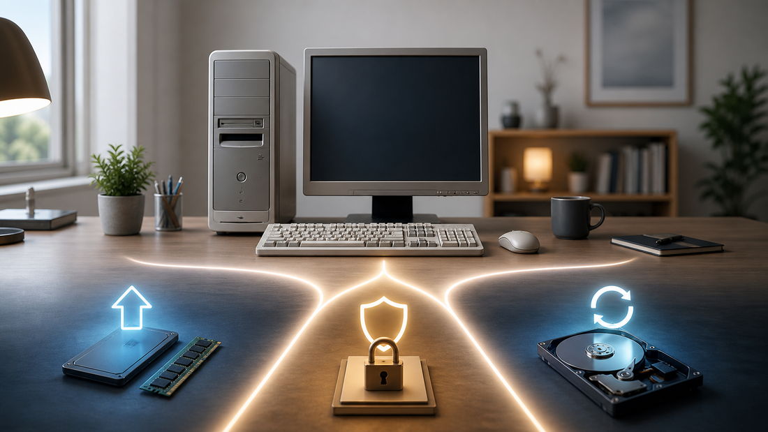 Älterer Desktop-PC mit verschiedenen Wegen für die weitere sichere Nutzung