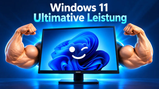 Windows-11-PC mit der Aufschrift Ultimative Leistung und zwei kräftigen Armen