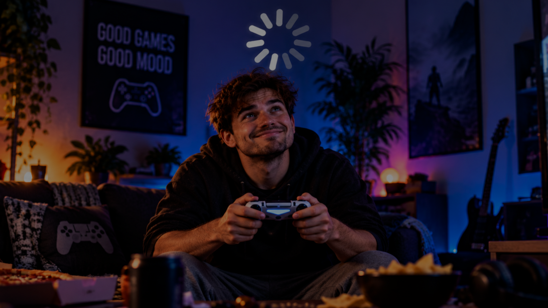 Gamer wartet wegen einer ausgelasteten Internetverbindung vor einem Ladezeichen
