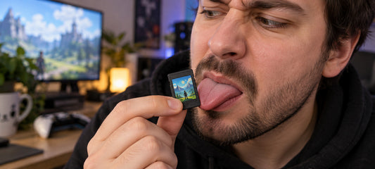 Gamer hält eine Nintendo-Switch-Spielkarte für einen Geschmackstest an die Zunge