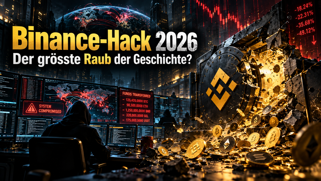 Titelbild zum Binance-Hack 2026 mit aufgebrochenem Tresor, Kryptowährungen und fallenden Kursen
