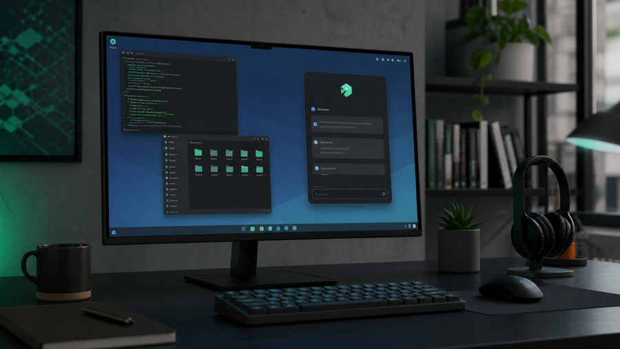 Moderner Linux-Arbeitsplatz mit grafischer KI-Anwendung und lokalen Projektdateien
