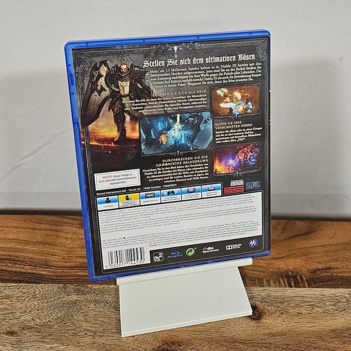 Diablo III Reaper of Souls Ultimate Evil Edition für PlayStation 4 – deutsche Rückseite mit Spielinformationen