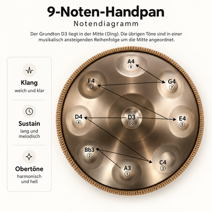 Notendiagramm der 9-Töne-Handpan in d-Moll mit D3 als Grundton