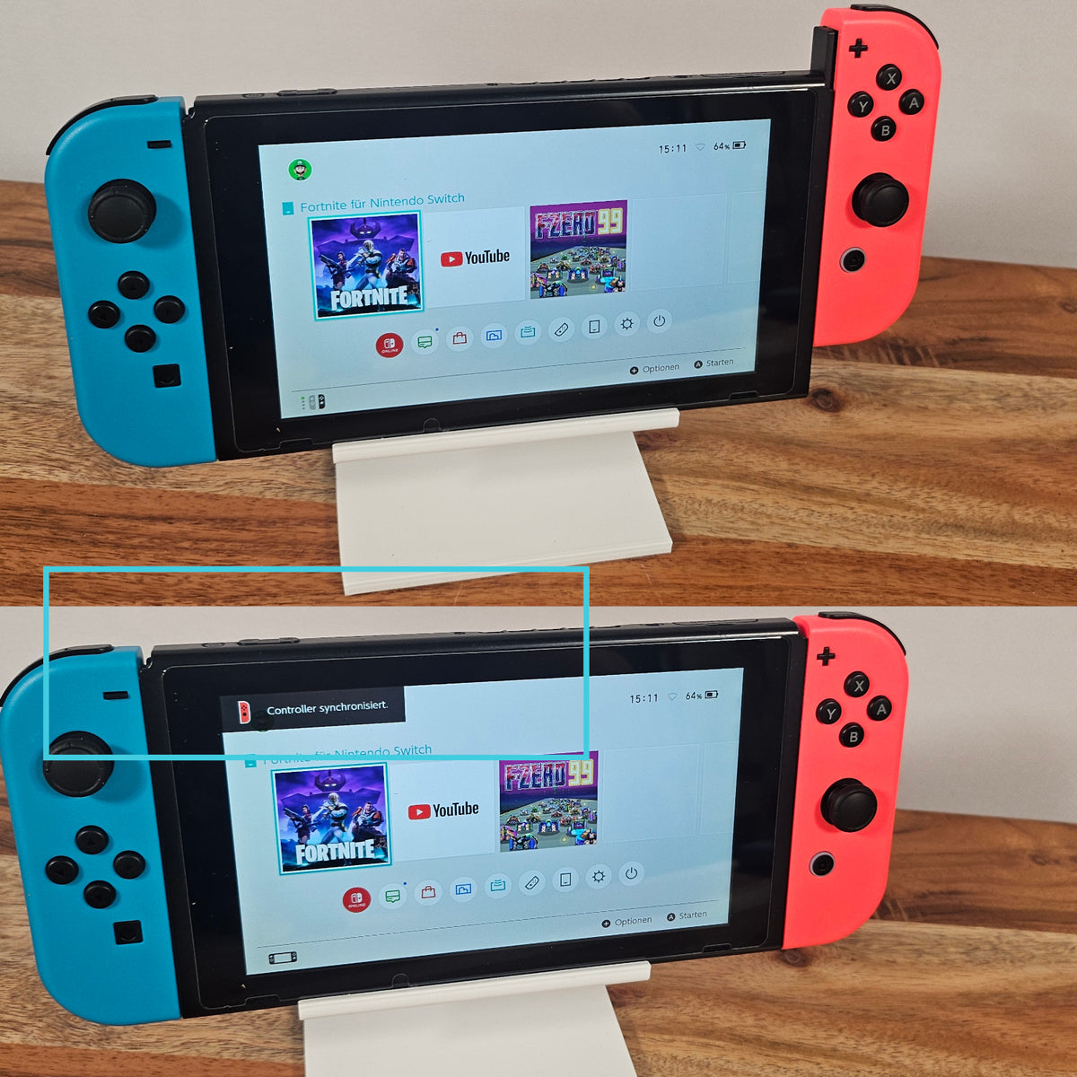 Roter und blauer Ersatz-Controller seitlich an einer Nintendo Switch