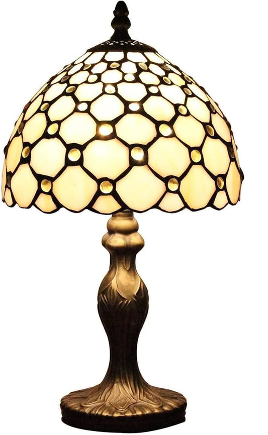 Tiffany Tischlampe – Vintage Nachttischlampe mit Handgefertigtem Buntglas-Lampenschirm 38cm – E14 LED Beige Jugendstil Leuchte für Schlafzimmer & Wohnzimmer Deko