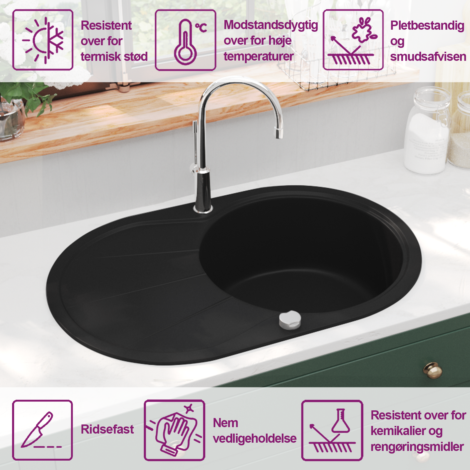 Granit Küchenspüle Einzelwaschbecken Oval Schwarz