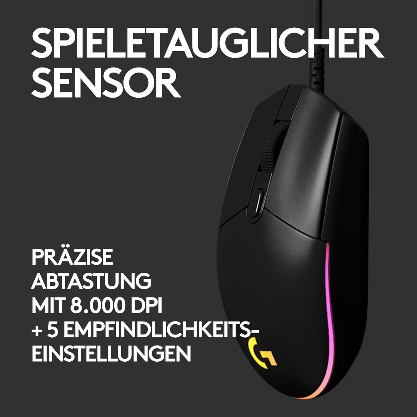 Logitech G203 Gaming-Maus – 8.000 DPI Sensor, LIGHTSYNC RGB-Beleuchtung, 6 programmierbare Tasten, Mechanische Tastenfederspannung, Anpassbar mit G HUB – Schwarz